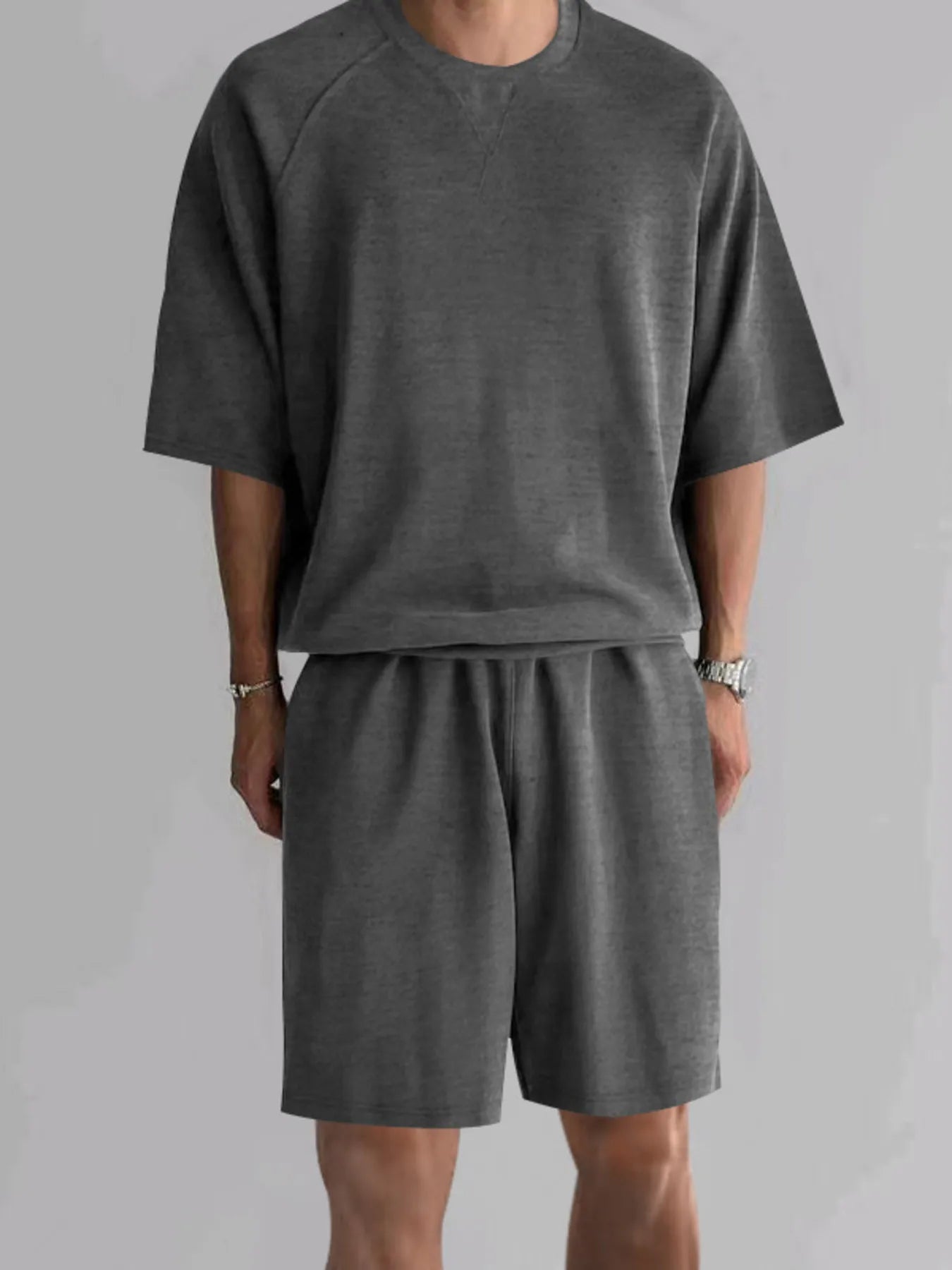 Men's Full Size Round Neck Top and Shorts Set Plus Size.