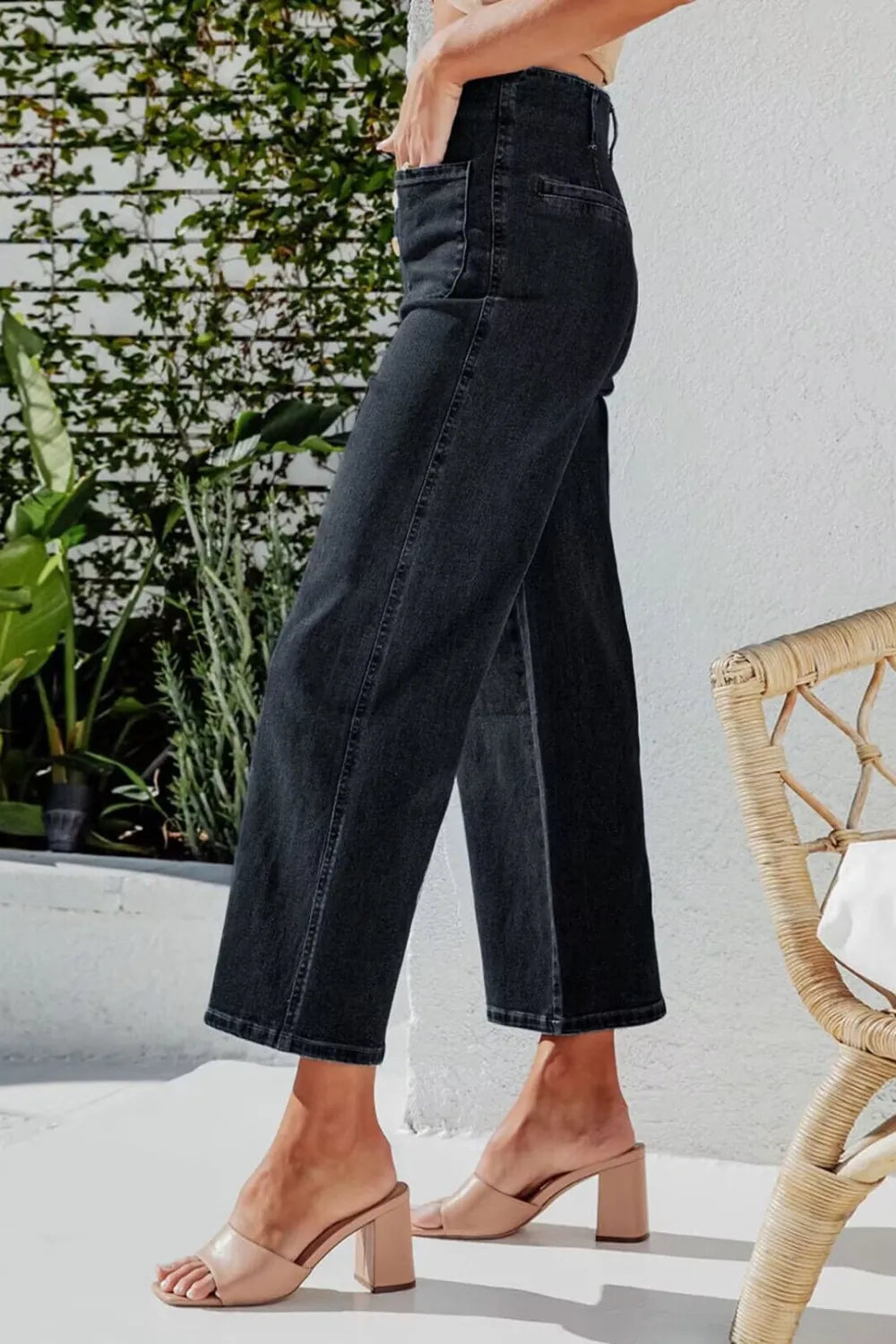 Button Fly Cropped Wide Leg Jeans.