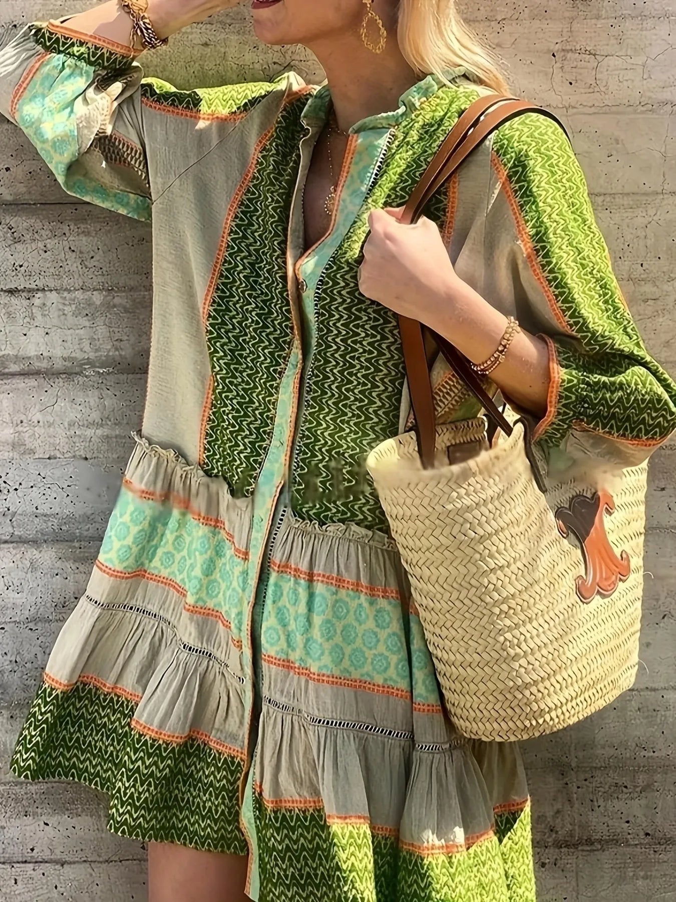 Printed Button Front Long Sleeve Dress.