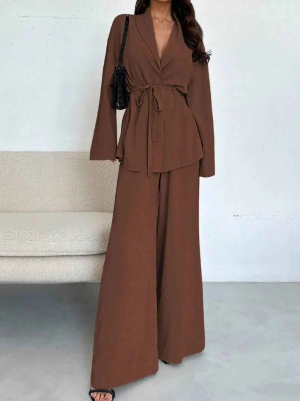 Front Tied Shirt and Wide-Leg Pants Set