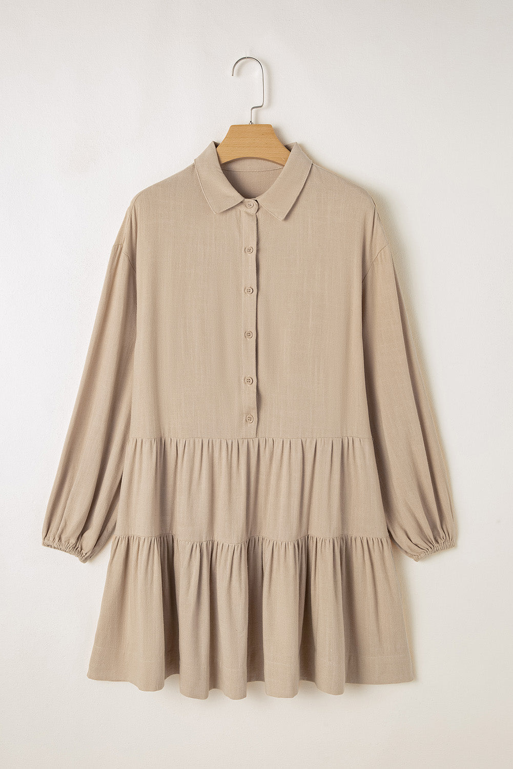 Tan Puff Sleeve Buttoned Tiered Pleated Shirt Mini Dress Dear-Lover Dropshipping