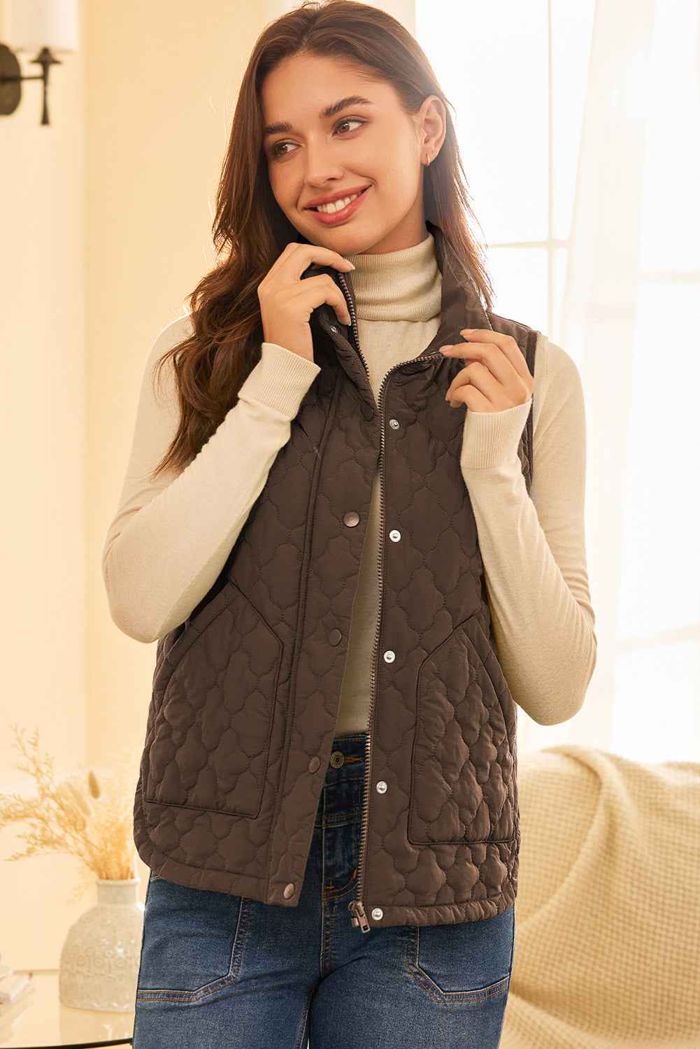 Dark Brown Flower Shape Quilted Snap Button Zip Up Winter Vest