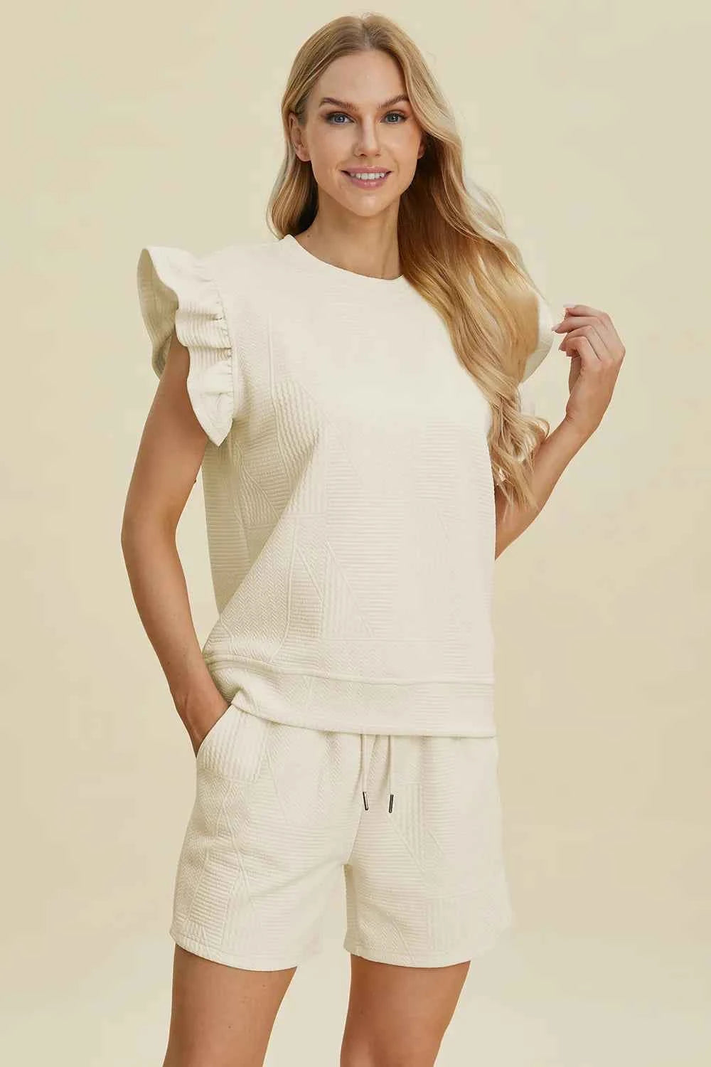 Round Neck Ruffle Sleeve Top and Shorts Set