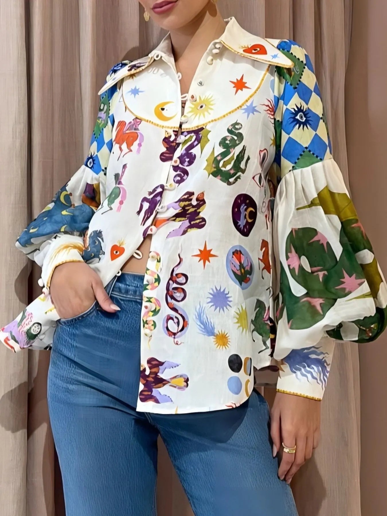 Colorful printed Lantern Sleeve Women Shirt.