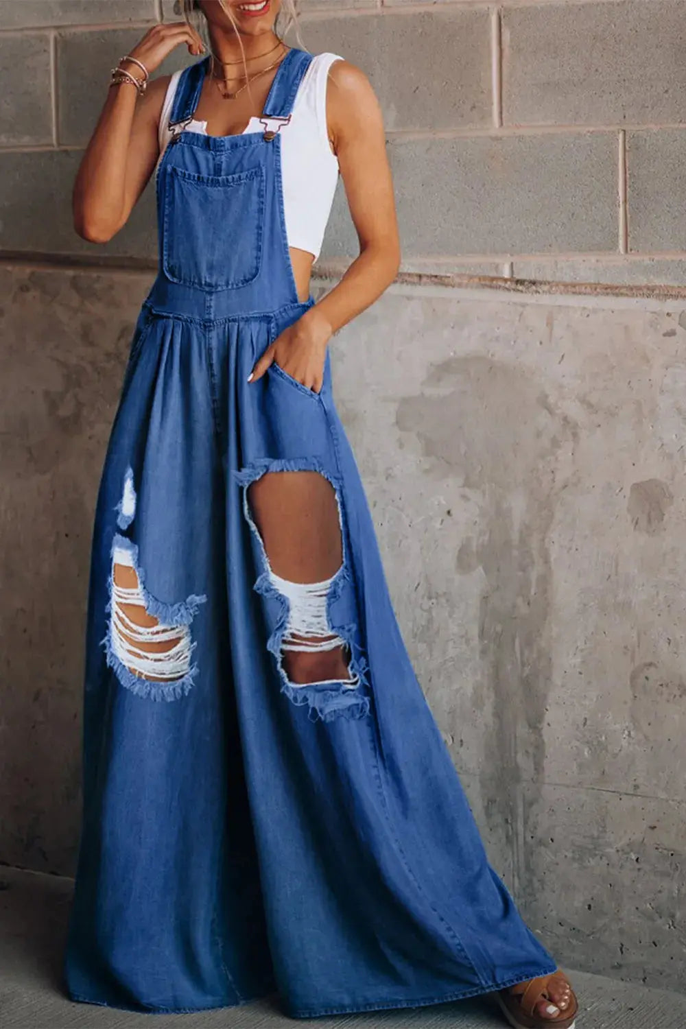Distressed Wide Leg Denim Overalls.