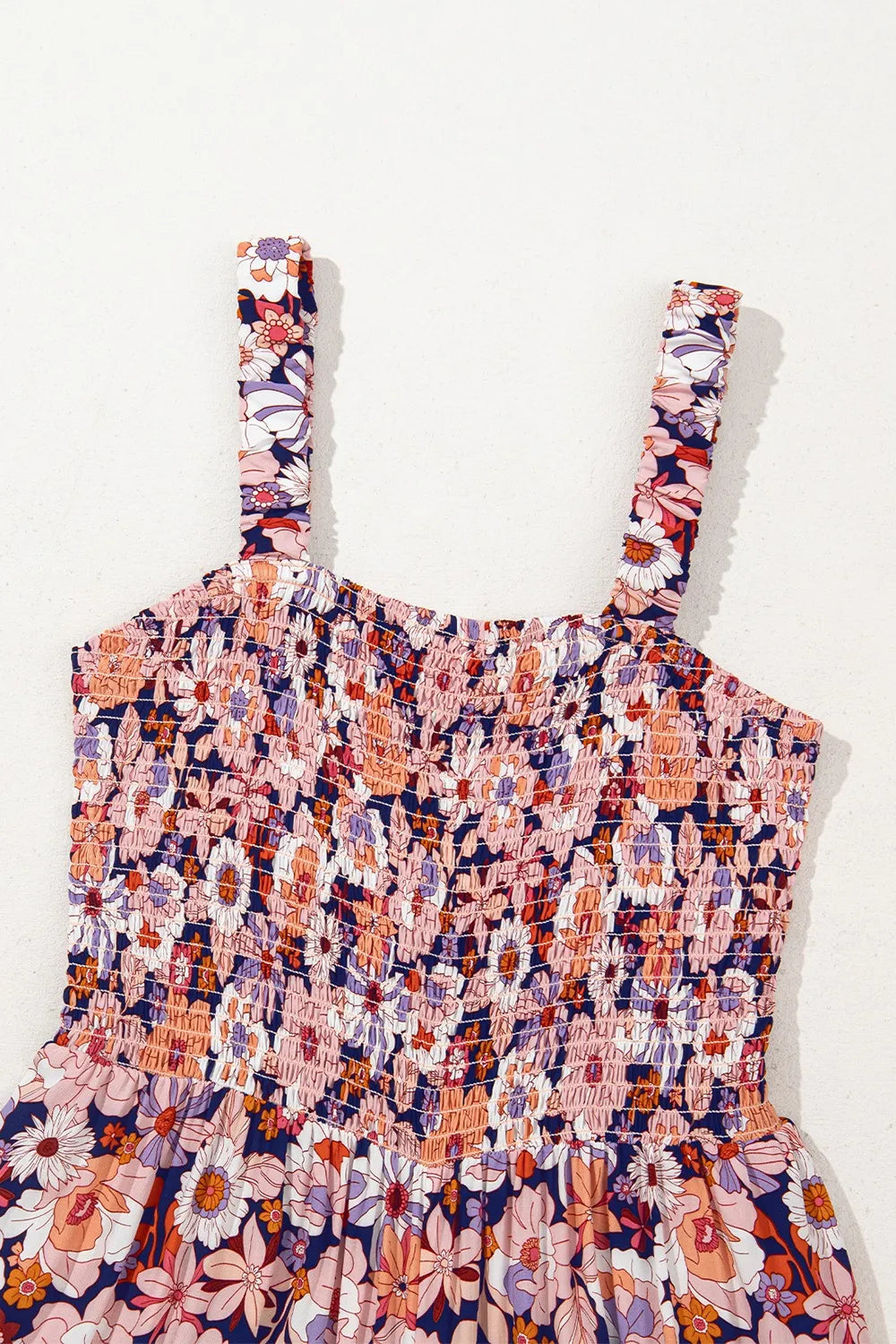 Floral Print Smocked High Waist Square Neck Jumpsuit.