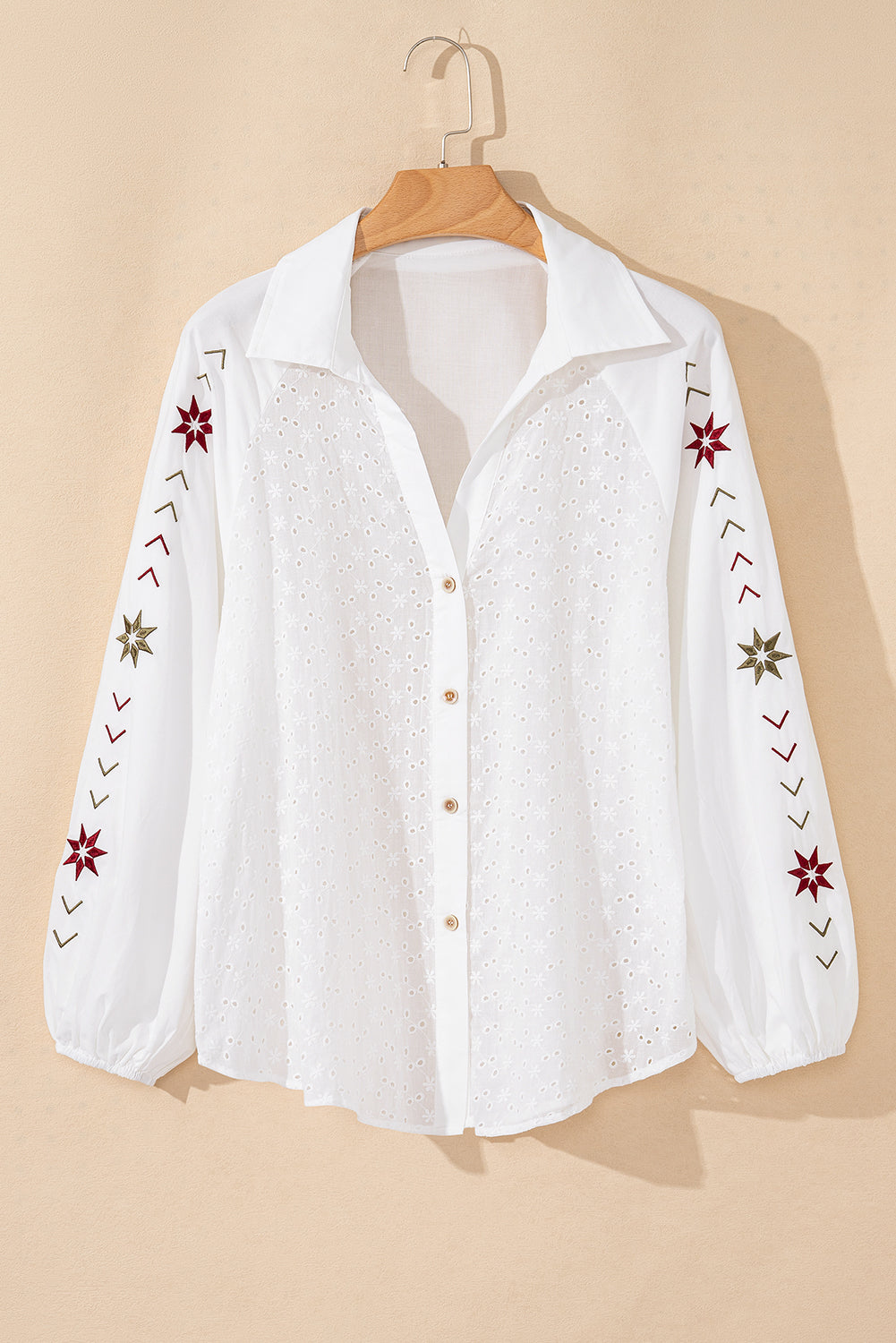 White Floral Embroidered Puff Sleeve Eyelet Patchwork Shirt Dear-Lover Dropshipping