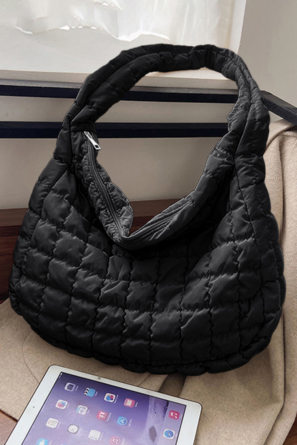 Black Quilted Zipper Large Shoulder Bag Dear-Lover Dropshipping