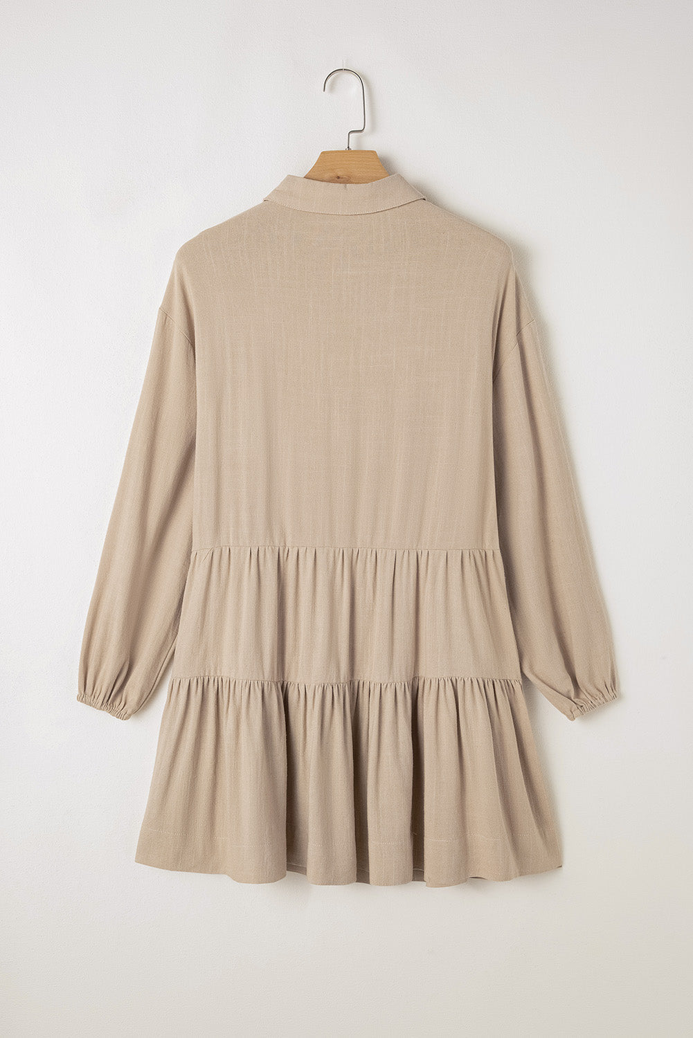 Tan Puff Sleeve Buttoned Tiered Pleated Shirt Mini Dress Dear-Lover Dropshipping