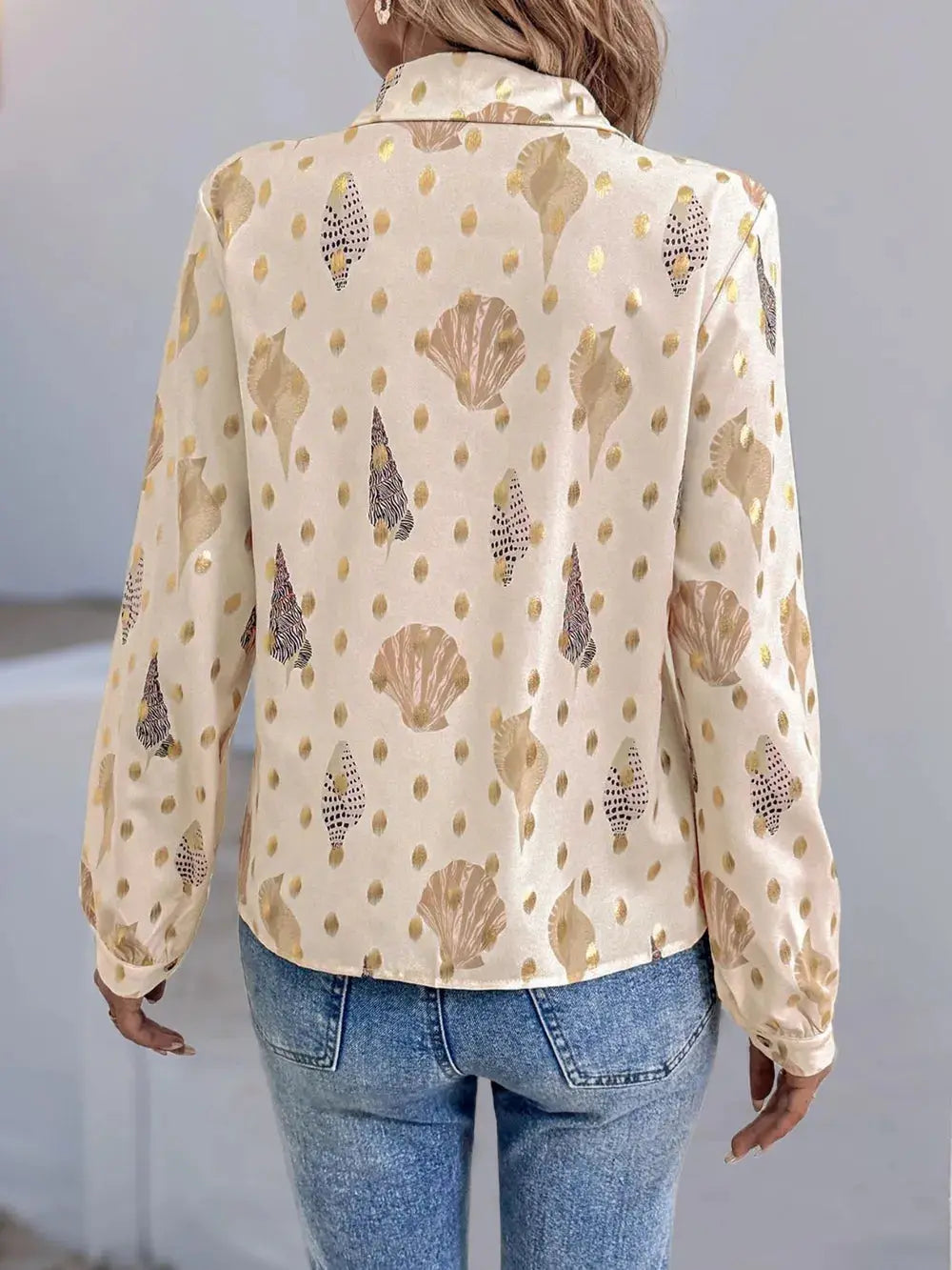 Perfee Printed Collared Neck Long Sleeve Shirt.