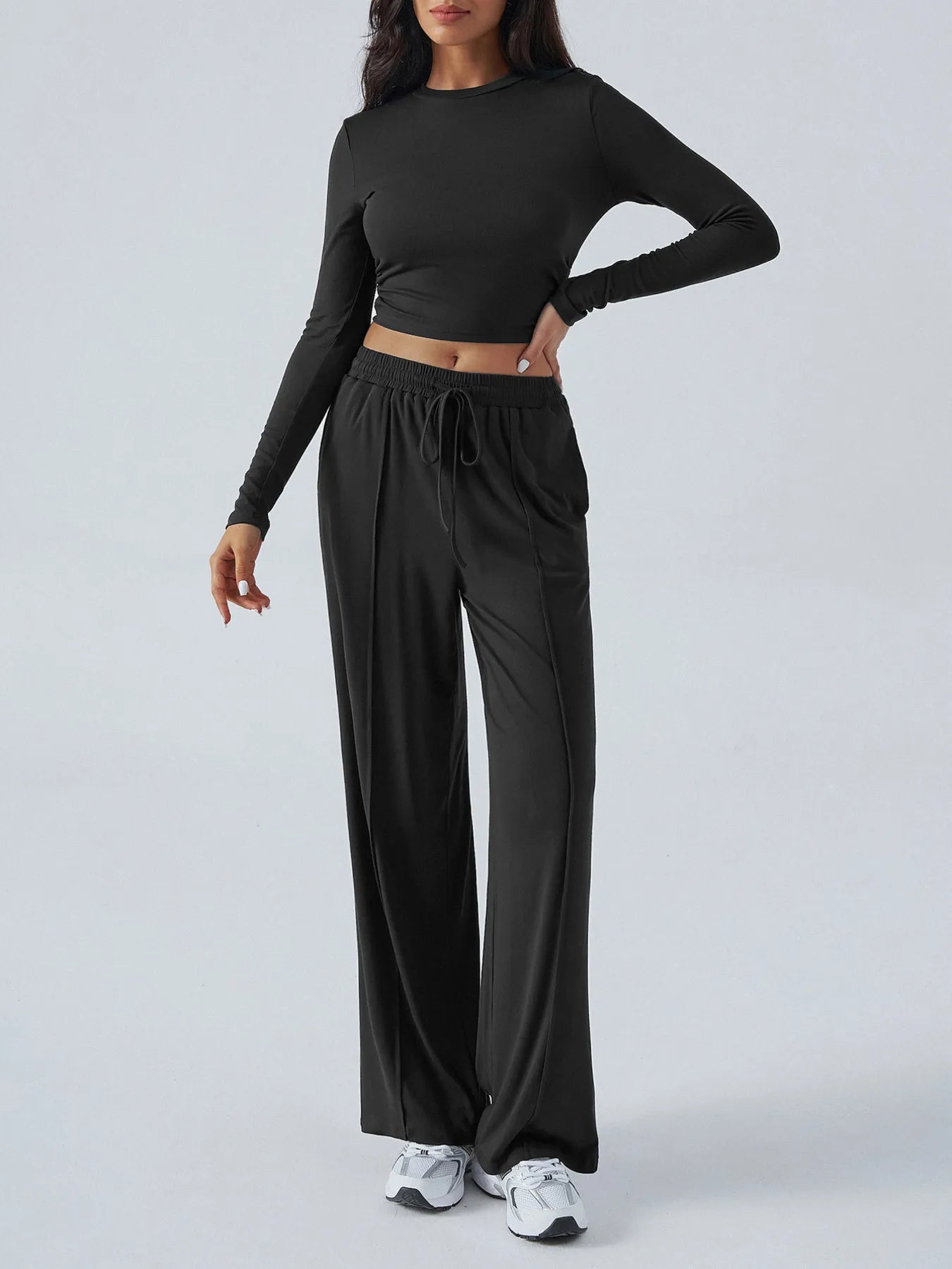 Round Neck Long Sleeve Top and Pants Set.