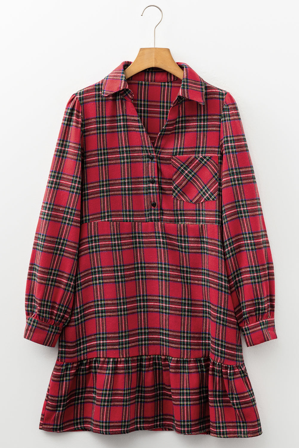 Red Plaid Shirt Collar Half Button Ruffle Hem Long Sleeve Mini Dress Dear-Lover Dropshipping