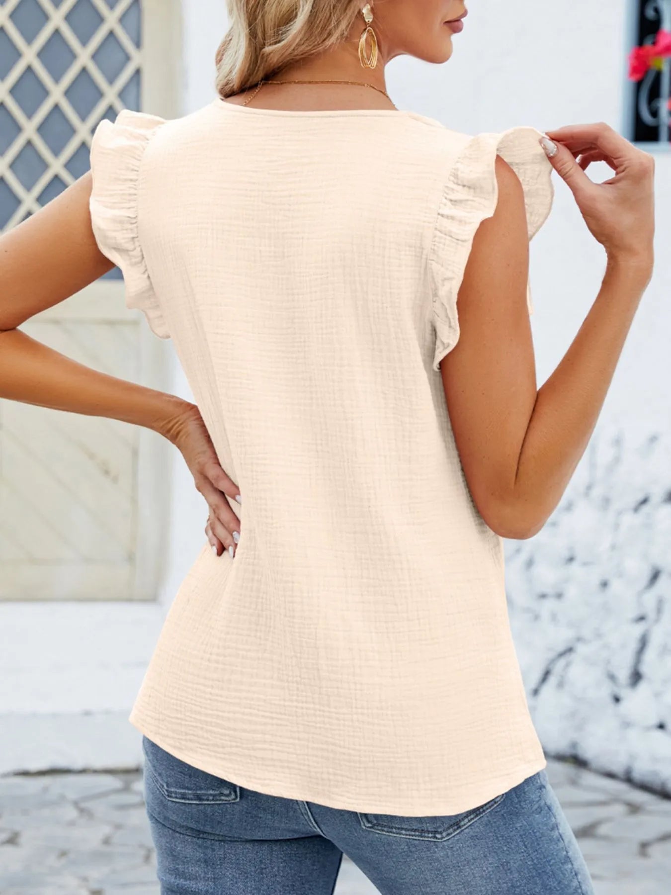V-Neck Ruffled Sleeve Top.