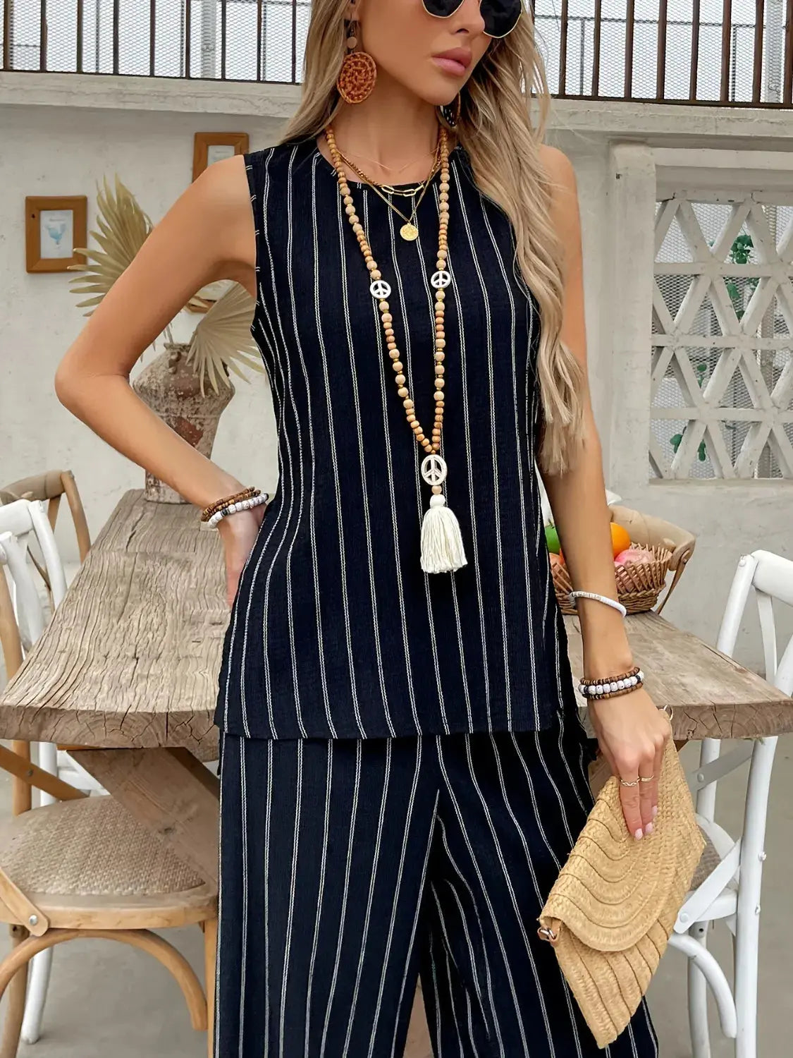 Striped Sleeveless Top and Pants Two-Piece Set.