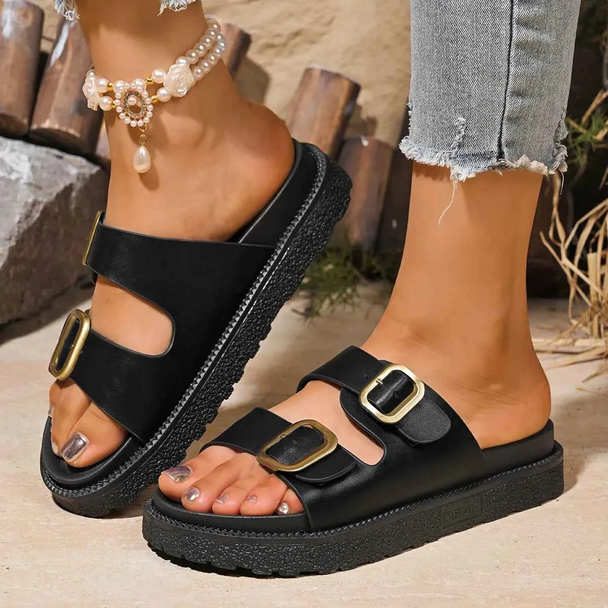Double Buckle Slide Sandals