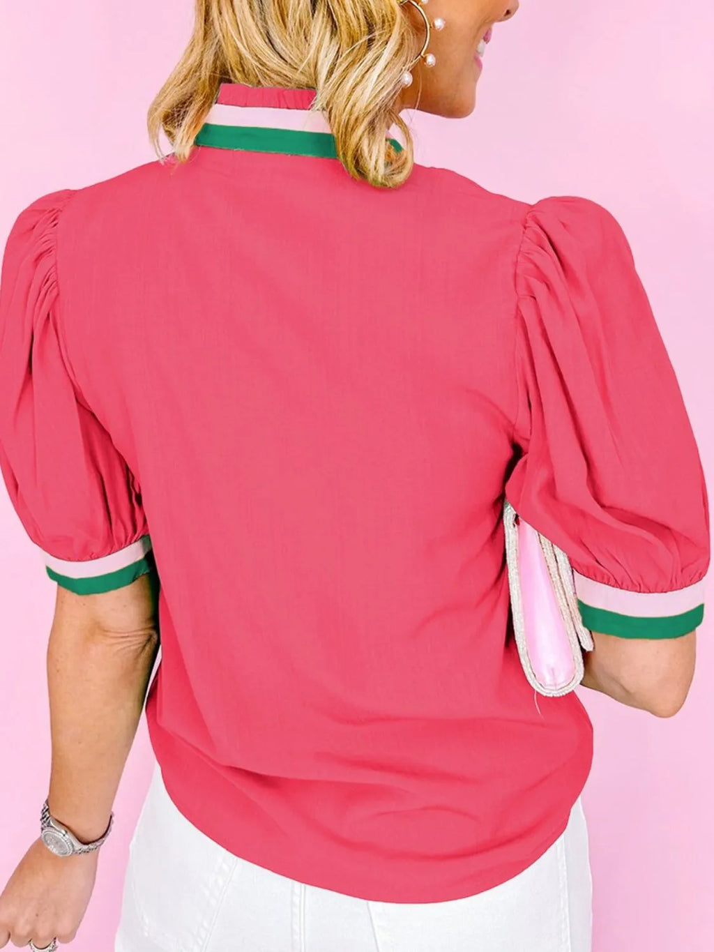 Carrot Colorful Trim V Neck Short Sleeve Blouse.