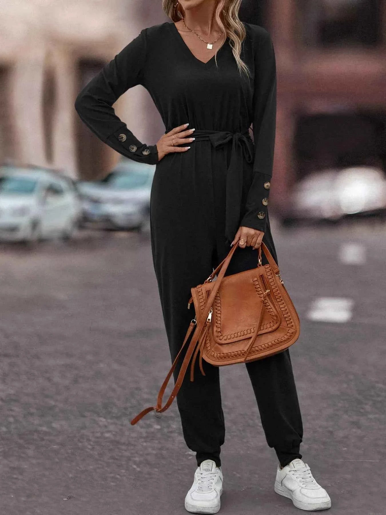 V-Neck Long Sleeve Tie Waist Jumpsuit