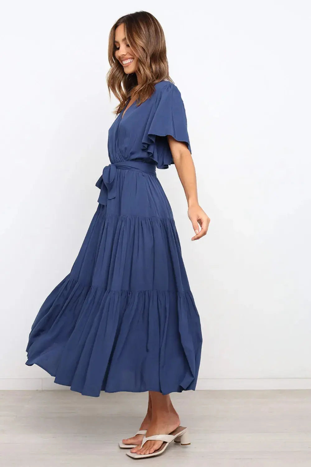 Front Tie Short Sleeve Tiered Midi Dress.