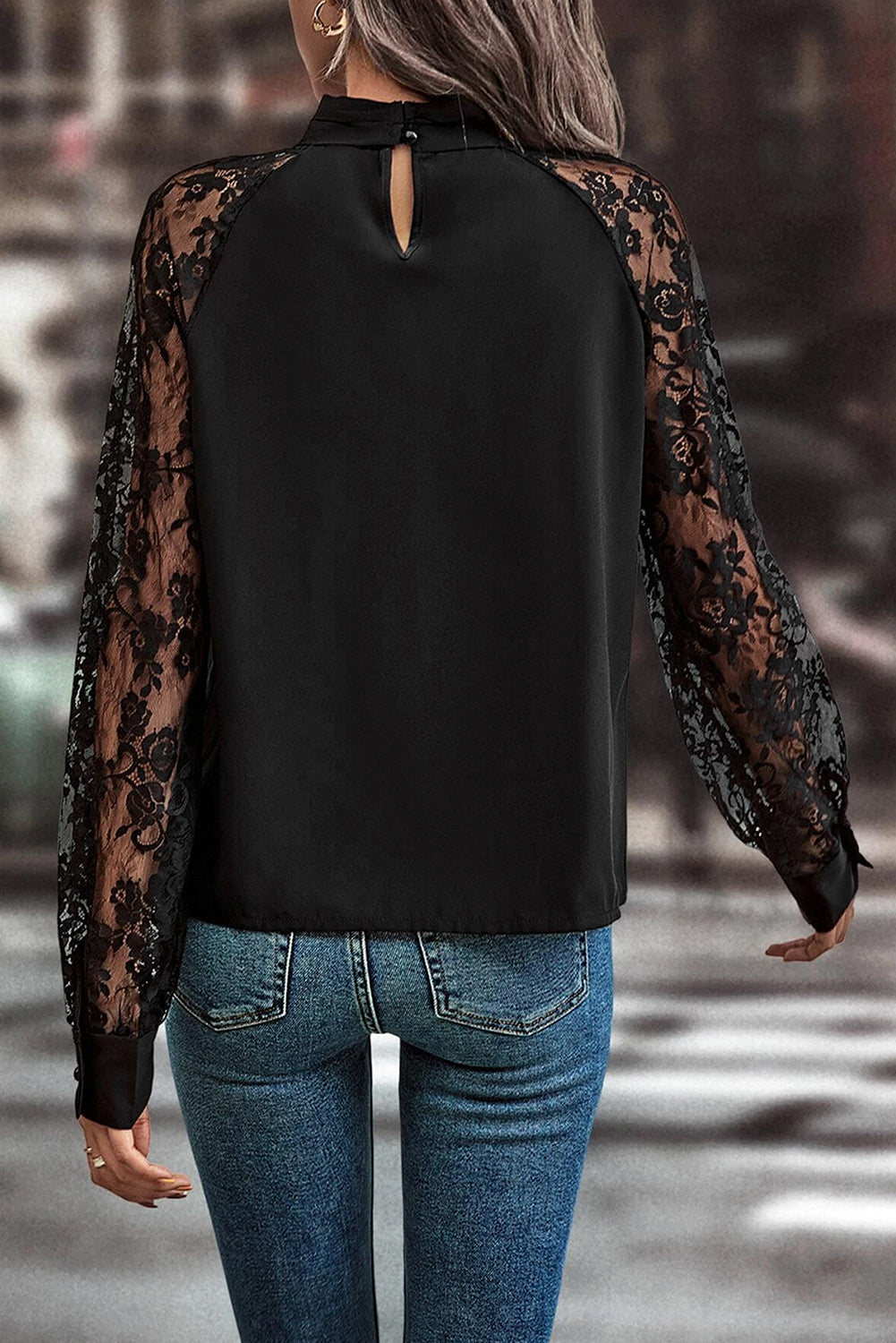 Black Keyhole Neckline Floral Lace Raglan Sleeve Blouse Dear-Lover Dropshipping