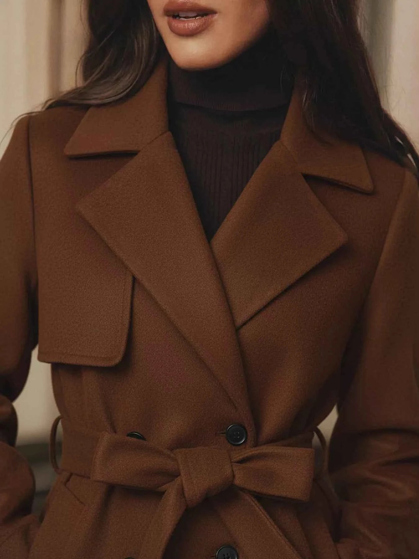 Lapel Collar Belted Wool Blend Coat