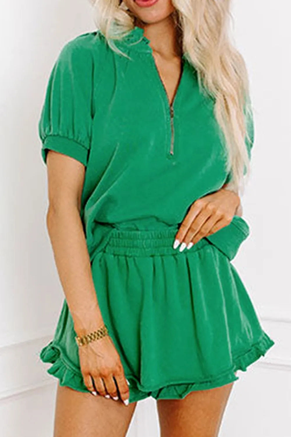 Frill Zip Front Puff Sleeve Top and Skort Set.