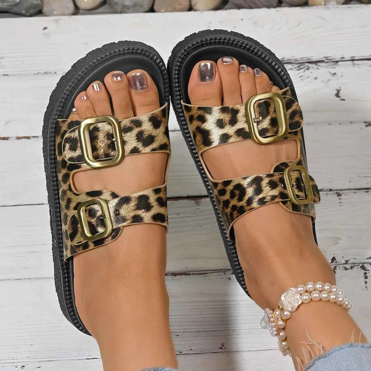 Double Buckle Slide Sandals