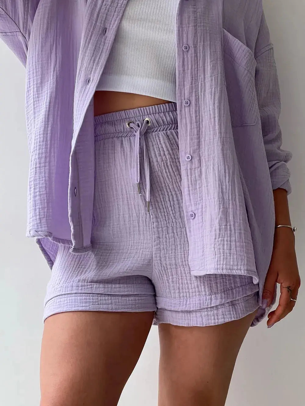 Texture Button Up Shirt and Drawstring Shorts Set - CHIC TB