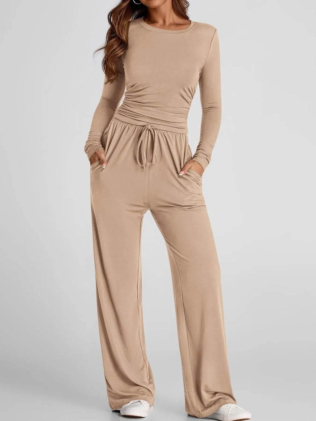 Round Neck Long Sleeve Top and Pants Set.