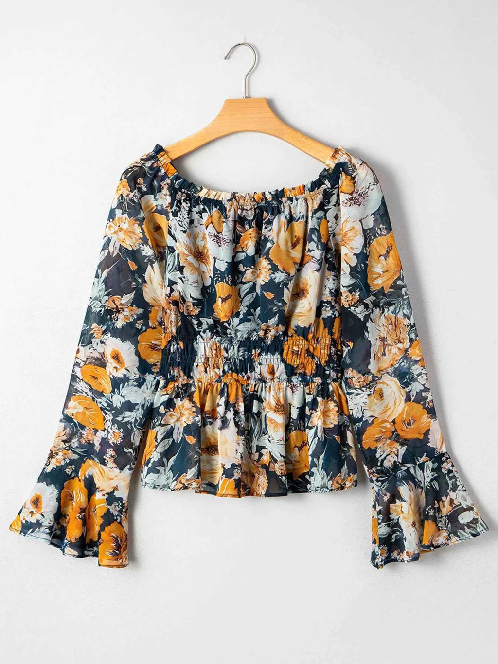 Floral Off Shoulder Bell Sleeve Smocked Peplum Top.