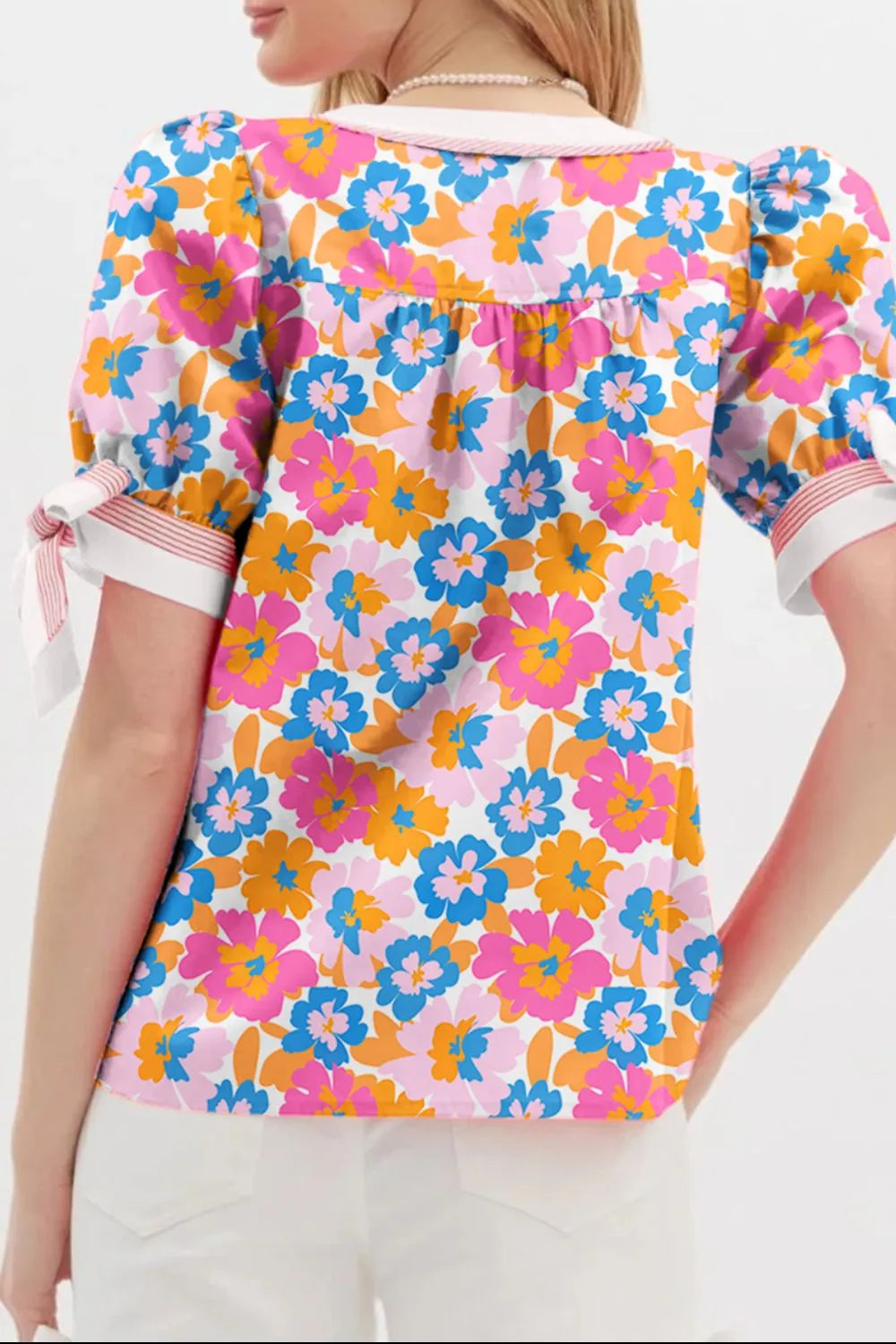 Floral Striped Edge V Neck Knotted Short Sleeve Blouse.