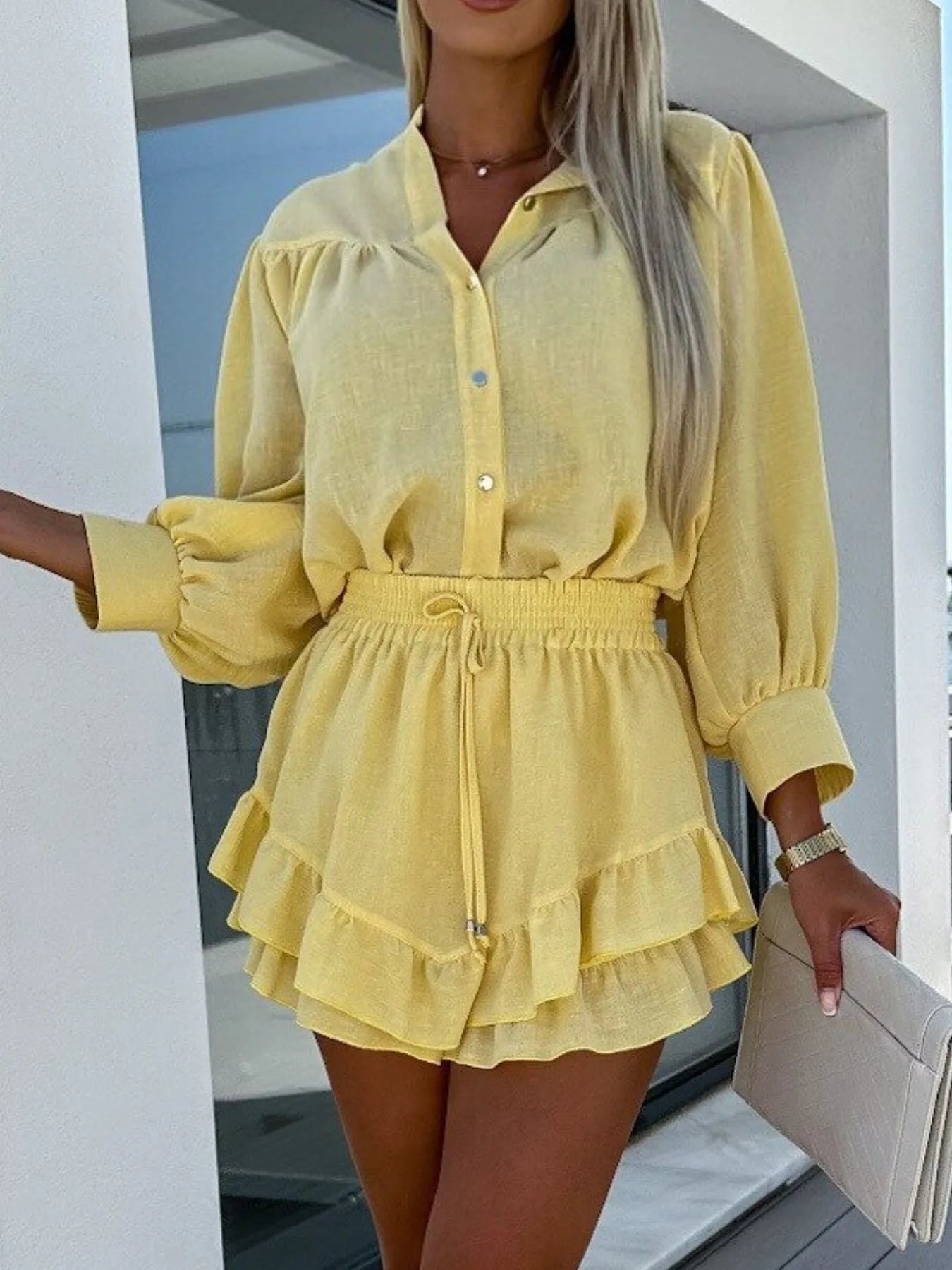 Button Up Top and Ruffled Skirt Set.
