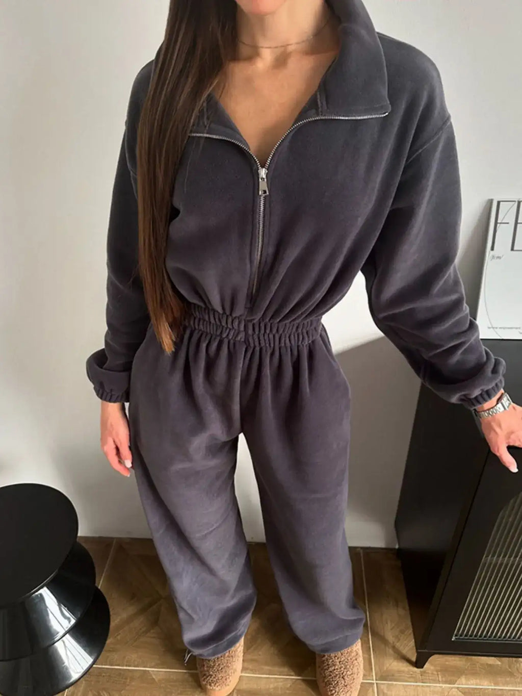 Zip Front Long Sleeve Jumpsuit.