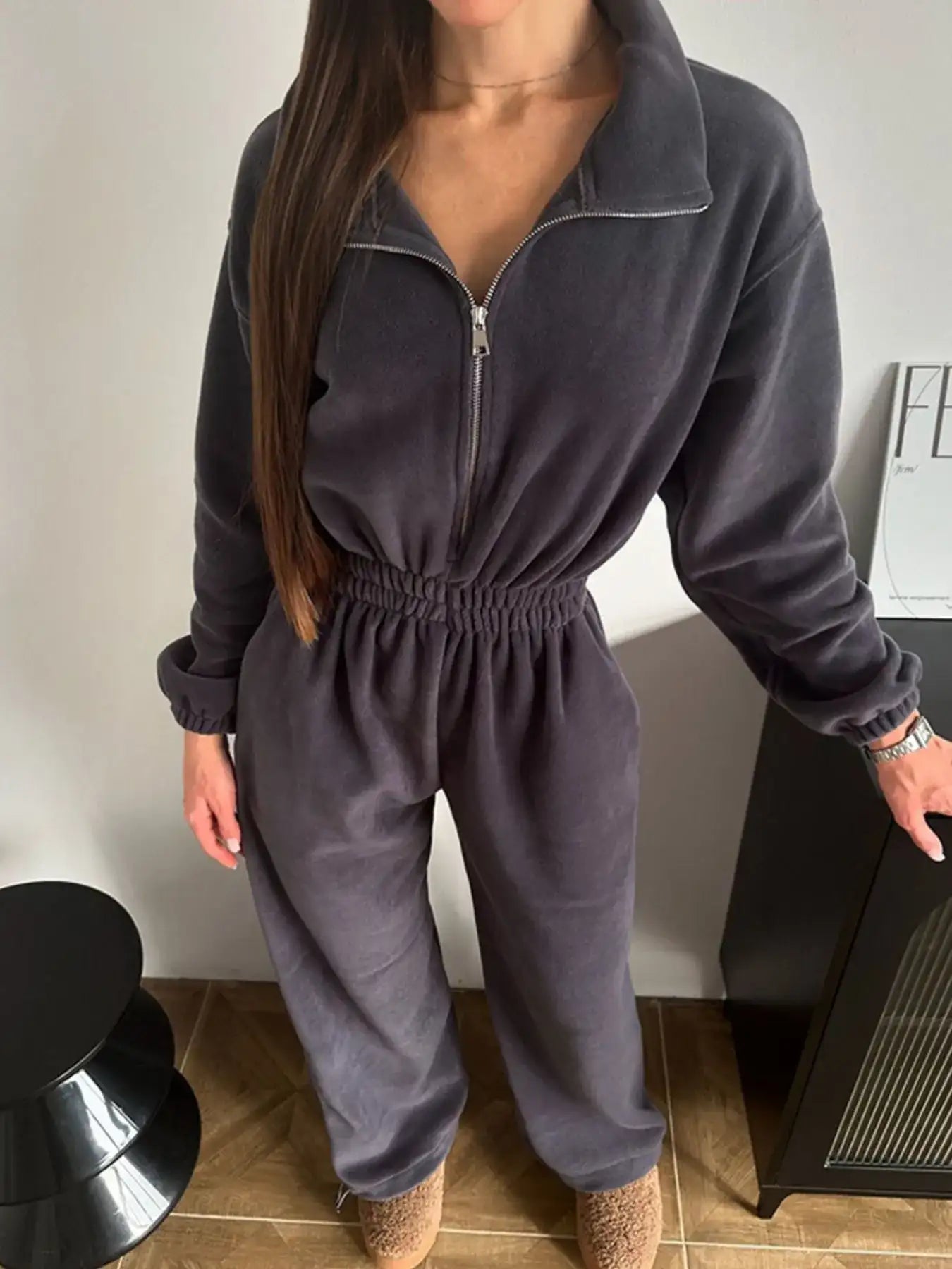 Zip Front Long Sleeve Jumpsuit.