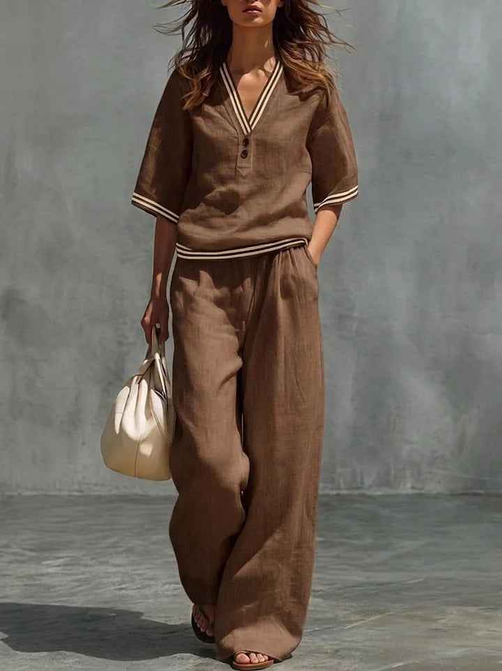 Cotton-Linen V-Neck Casual Comfortable Short-Sleeve Shirt And Pants Set