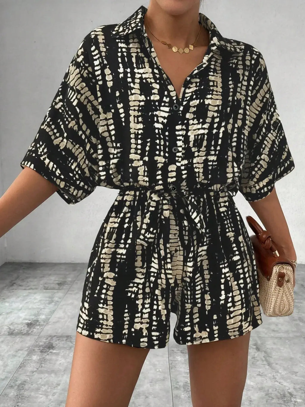Tie Dye Print Collar Neck Short Sleeve Romper.