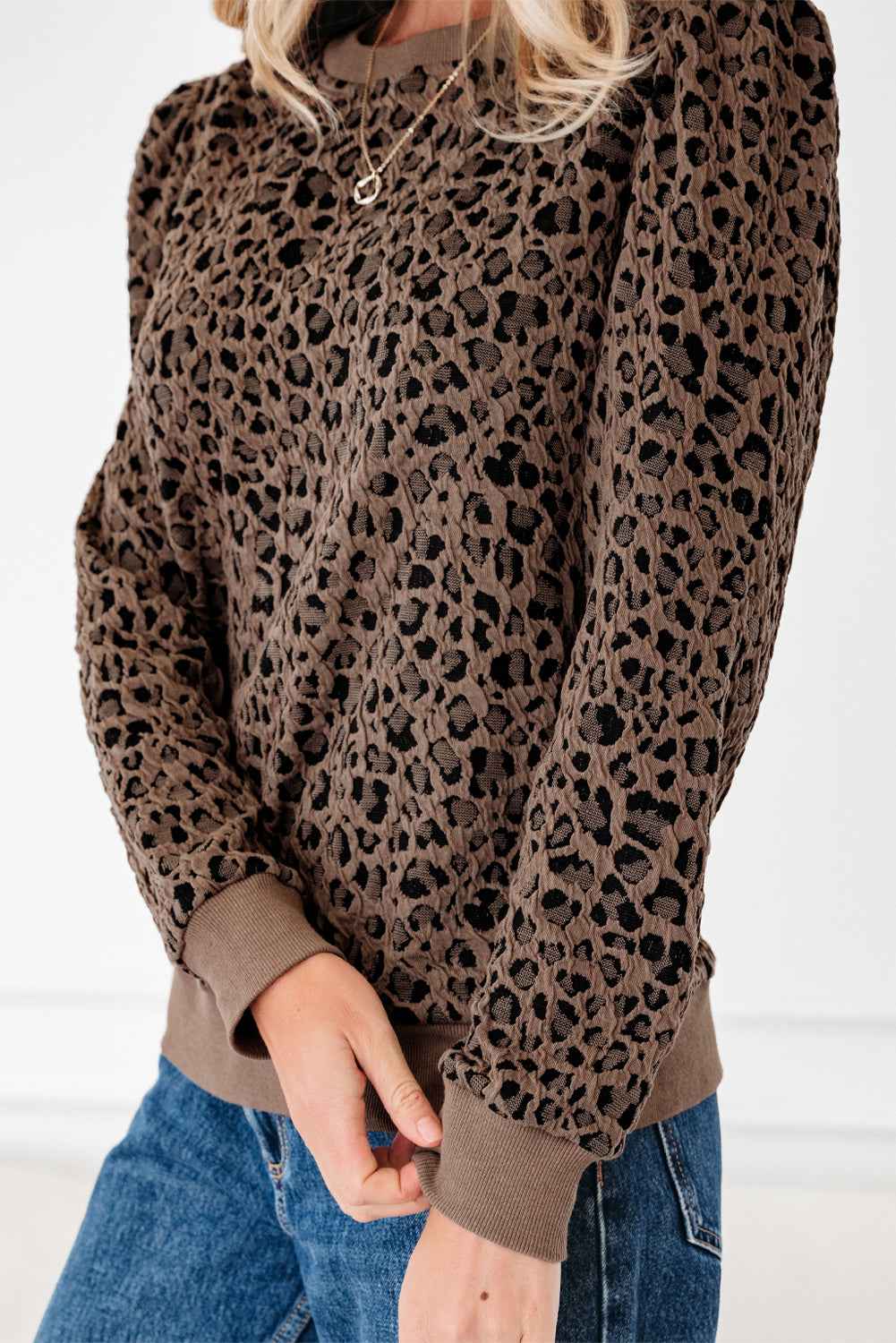 Brown Ribbed Trim Leopard Print Long Sleeve Top