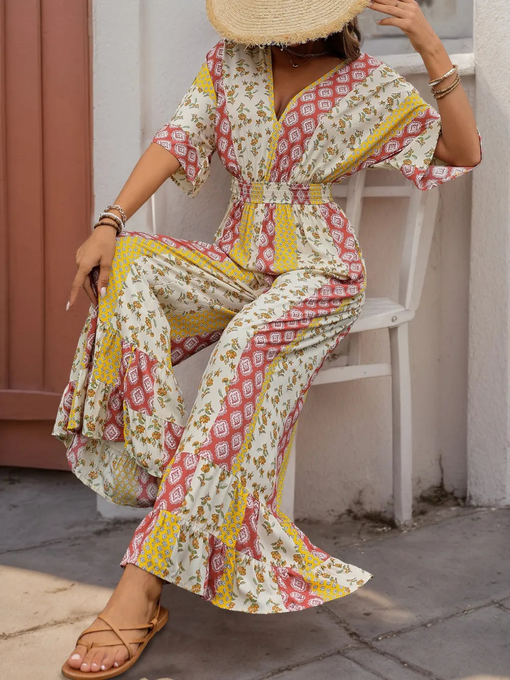 Perfee Ruffled Hem Printed V-Neck Jumpsuit - CHIC TB