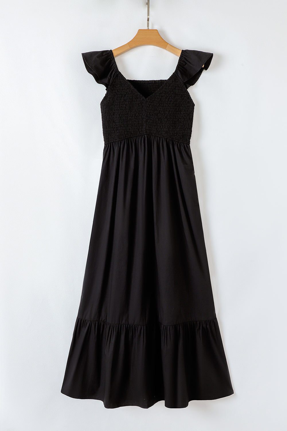 Black V Neck Flutter Sleeve Smocked Bodice High Waist Ruffle Maxi Dress Dear-Lover Dropshipping