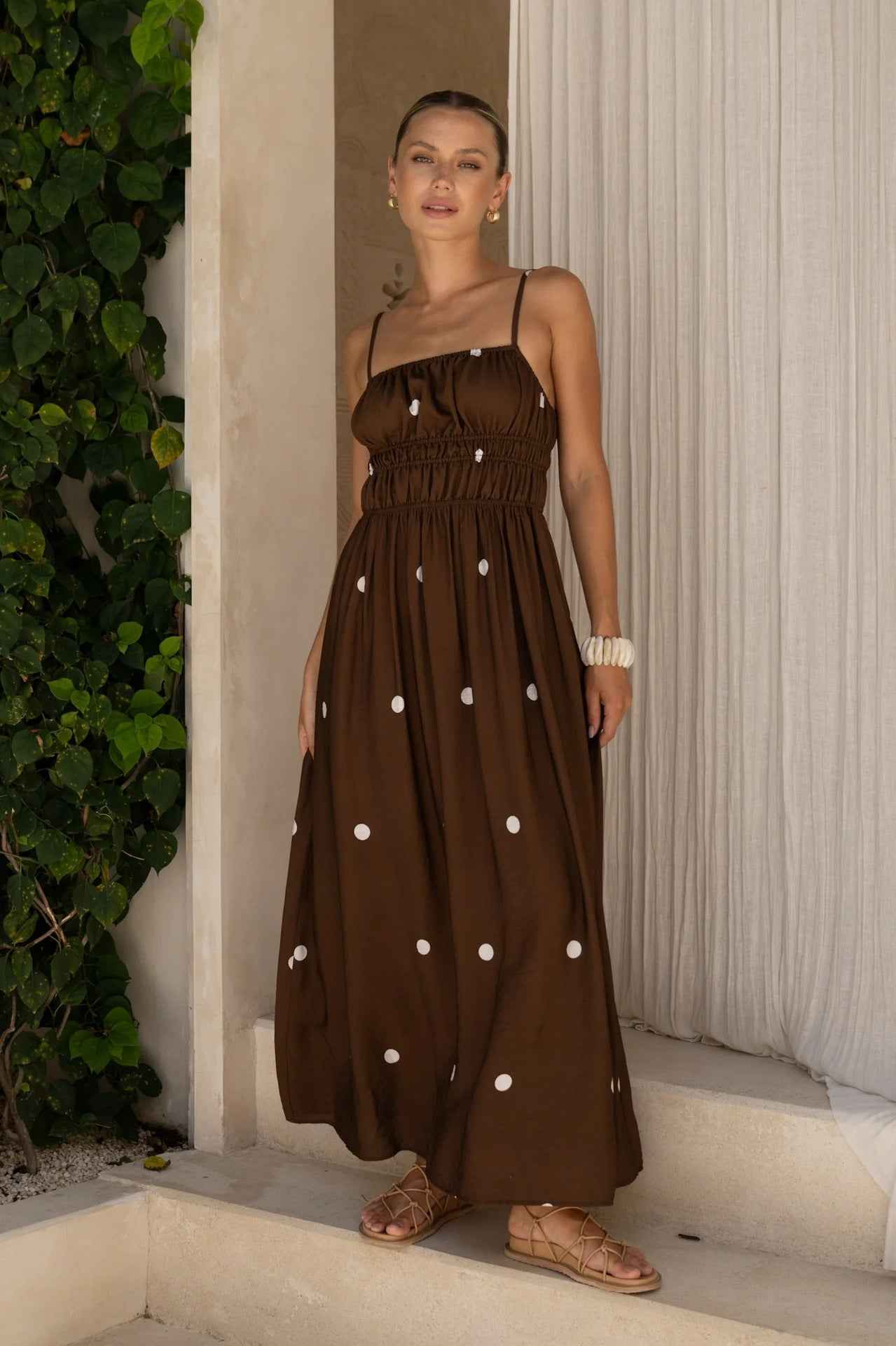French Spaghetti Strap Ruched Bust White Polka Dot Flowy Maxi Dress