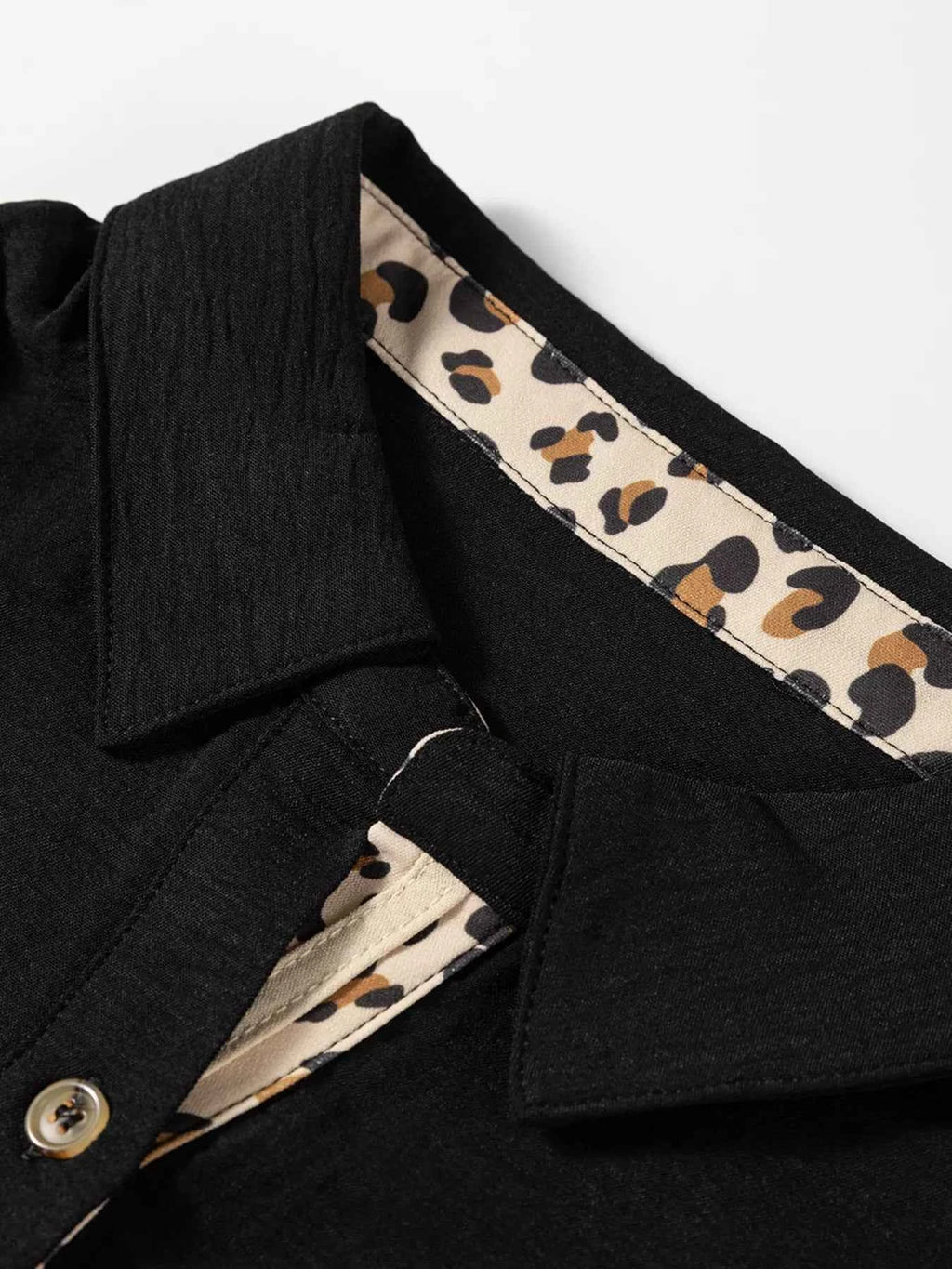 Contrast Leopard Print Patchwork Polo Collar Buttons Front Long Sleeve Blouse