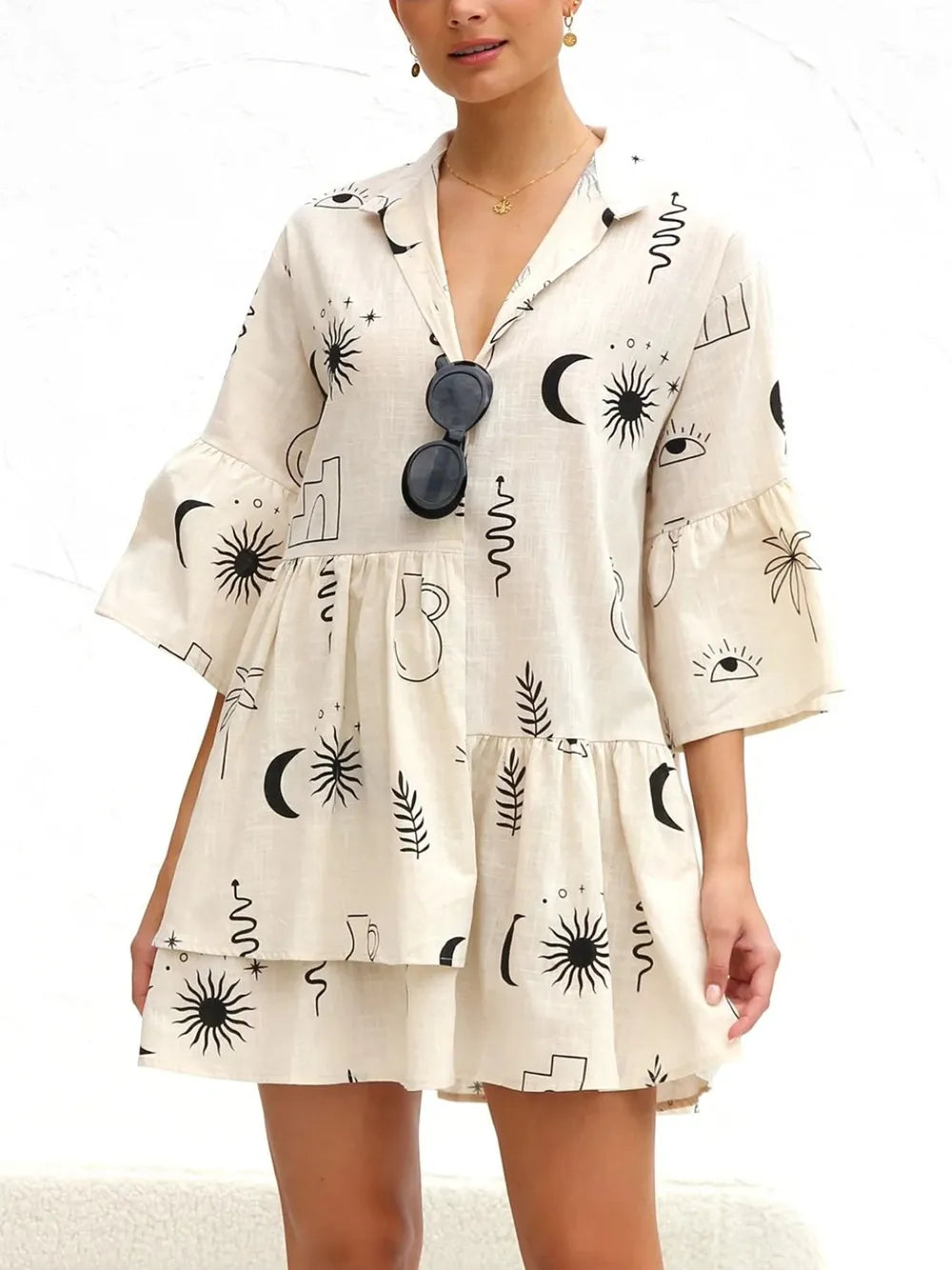 Printed Collared Neck Three-Quarter Sleeve Mini Dress.