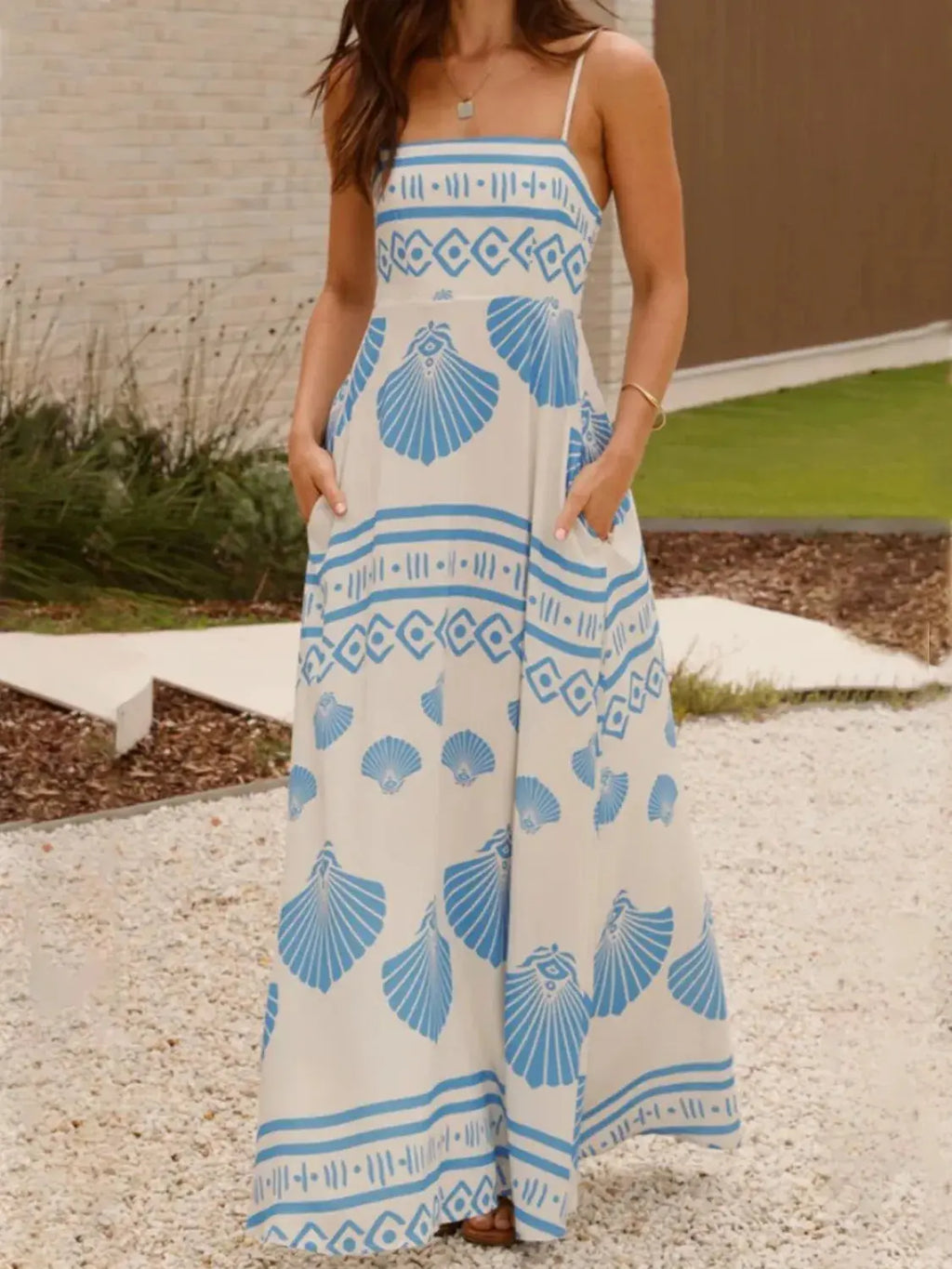 Seashell Print Spaghetti Strap Maxi Dress.