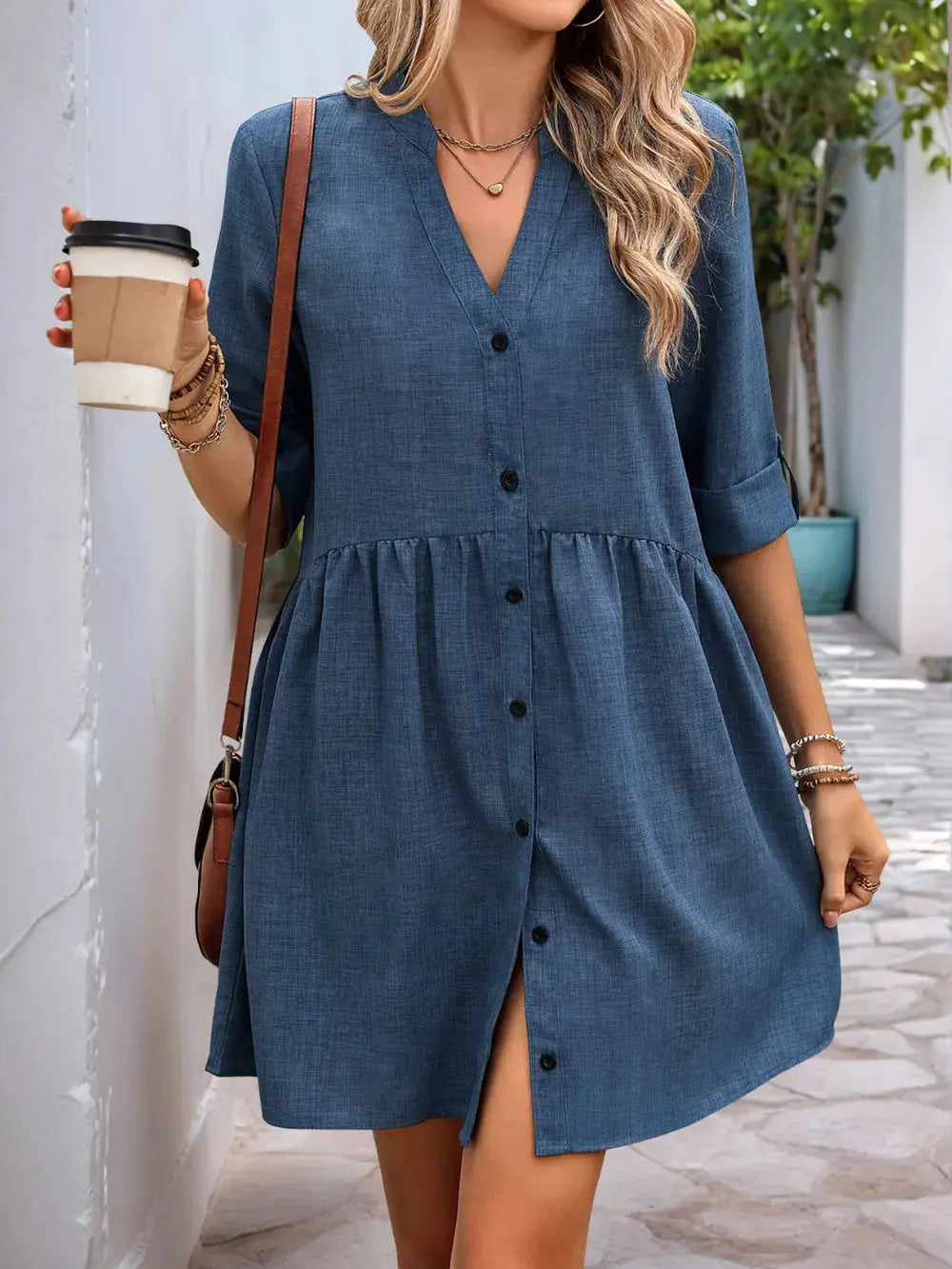 Perfee Button Down Notched Half Sleeve Mini Shirt Dress.