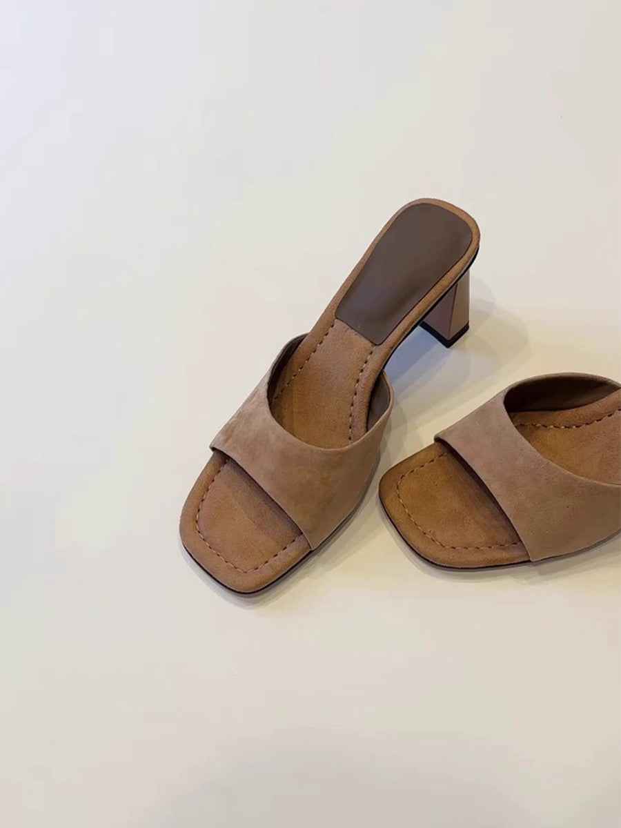 Elevated Version French Open Square Toe High Heel Slides For Women, Simple Slip-On Block Heel All-Match One-Strap Summer Outdoor Sandals
