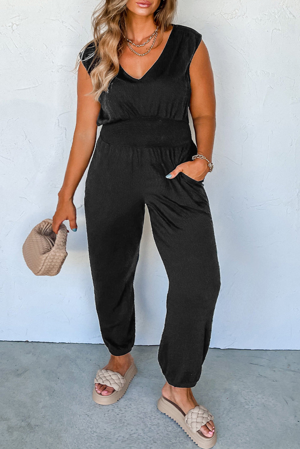 Black Plus Smocked High Waist Sleeveless V Neck Jumpsuit Dear-Lover Dropshipping