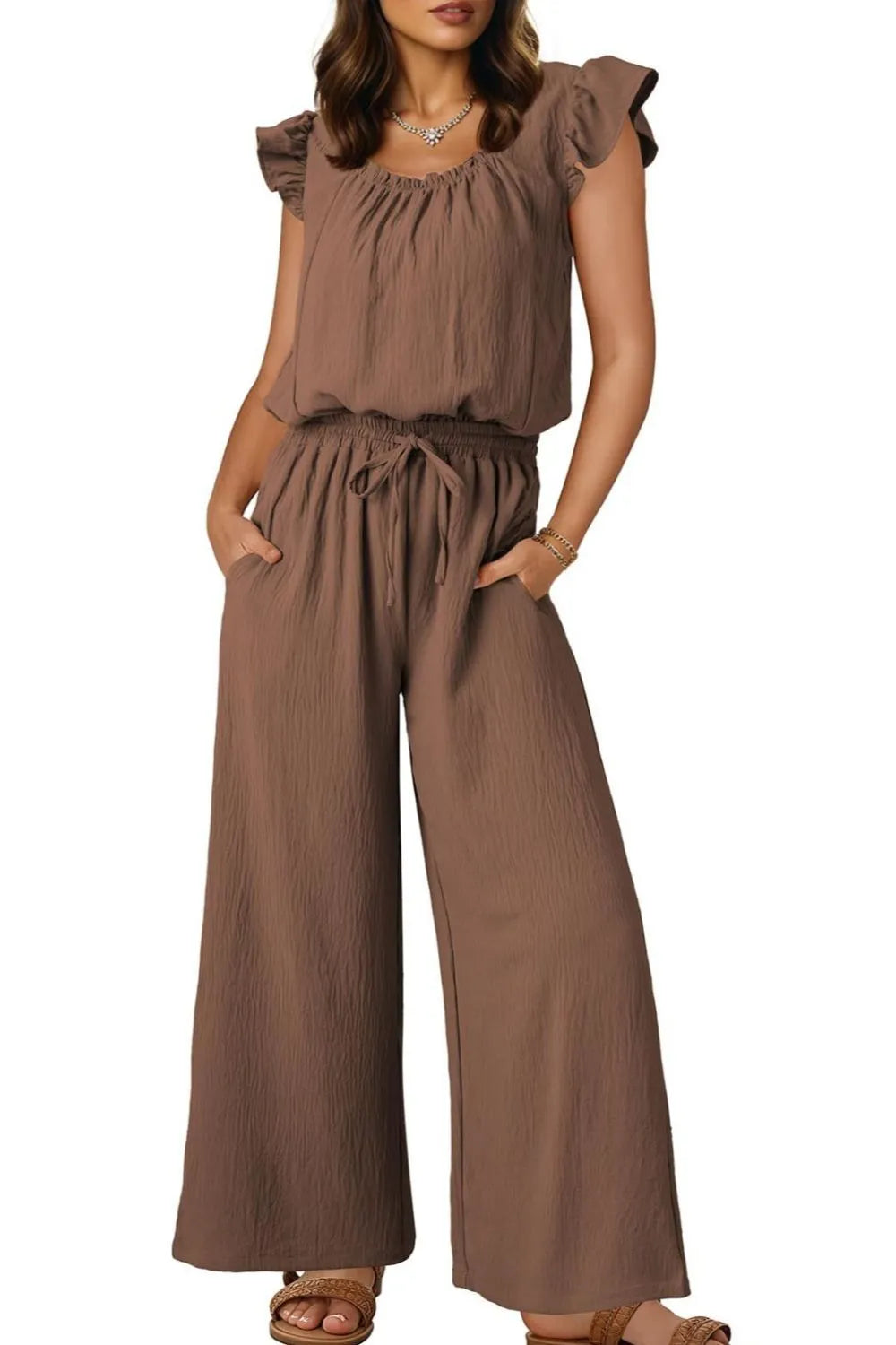 Ruffled Sleeve Wide Leg Jumpsuit.