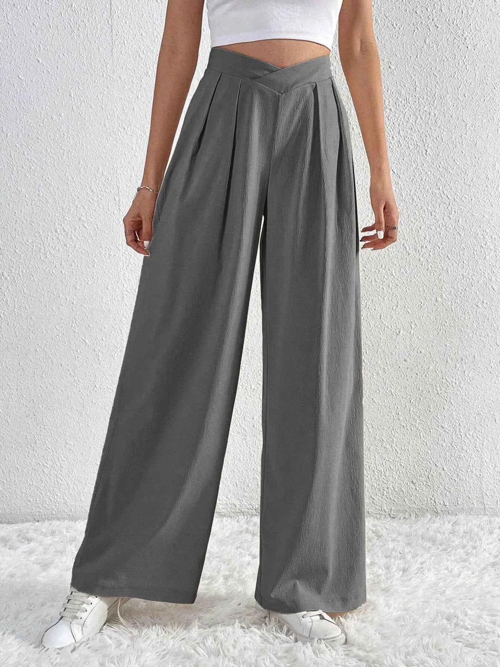 V-Waisted Ruched Front Wide Leg Pants.