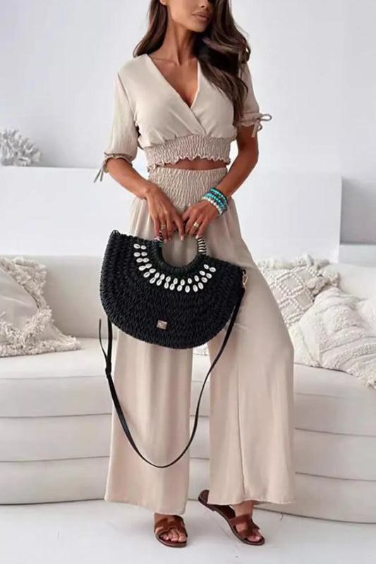 Surplice Short Sleeve Top and Pants Set - CHIC TB