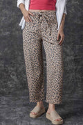 Khaki Leopard Printed Drawstring Elastic Waistband Pocketed Wide Leg Jeans