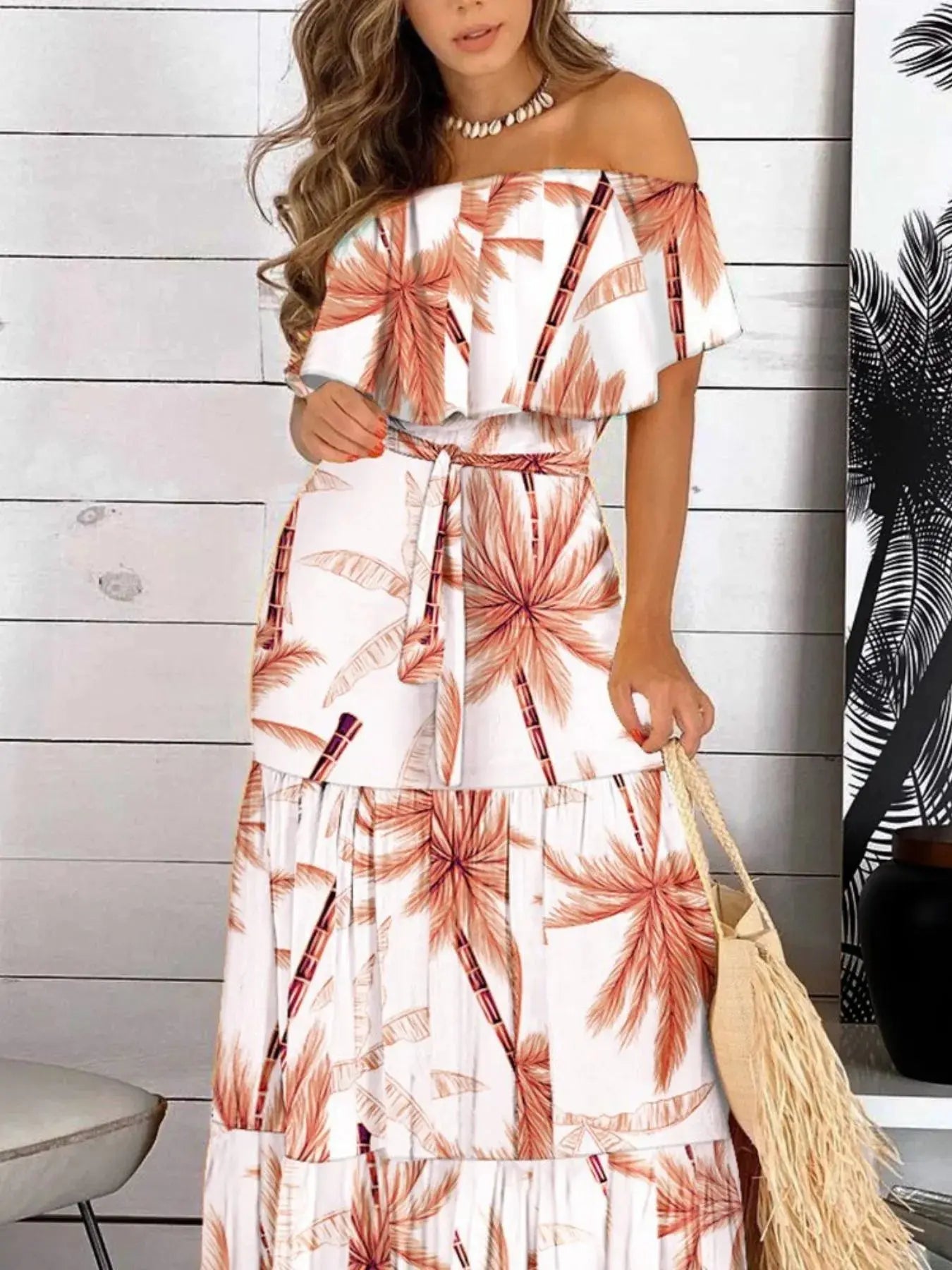Printed Off Shoulder Maxi Dress.